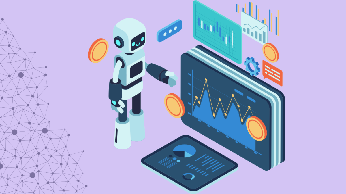 Ilustrácia priateľského robota analyzujúceho dáta a grafy na digitálnom tablete, symbolizujúca implementáciu AI do recruitmentu a automatizáciu HR procesov pre Neohunter.